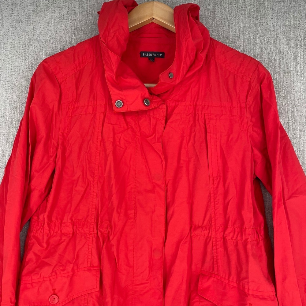 Eileen Fisher Hooded Anorak Parka Jacket M Red Cotton Blend Zip Snap Utility - Picture 2 of 13